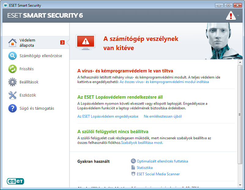vonatkozó információk, valamint a teljes védelem visszaállítását célzó, ajánlott megoldások jelennek meg.