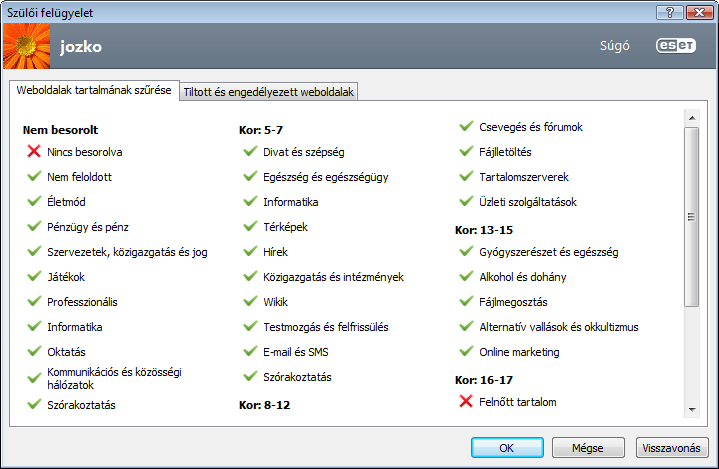 4.4.1 Weboldalak tartalmának szűrése Ha az egyes kategóriák mellett látható jelölőnégyzet be van jelölve, az adott kategória engedélyezett.