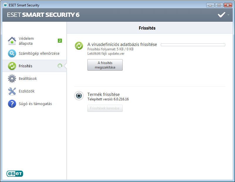 Fontos: Szokások körülmények között, a frissítések megfelelő letöltése esetén a Nem szükséges frissíteni a vírusdefiníciós adatbázis naprakész üzenet jelenik meg a Frissítés ablakban.