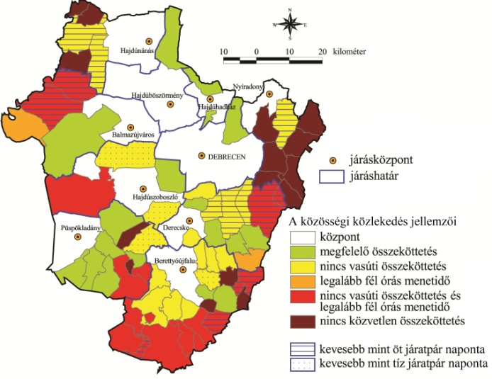 M6.5. ábra: Debrecen közvetlen elérési ideje autóbusszal Hajdú-Bihar megye településeiről 2009-ben, perc (a TEIR adatai alapján) M6.6.ábra: Debrecen közvetlen elérési ideje vasúttal Hajdú-Bihar megye településeiről 2011-ben, perc (a menetrendek adatai alapján) M6.