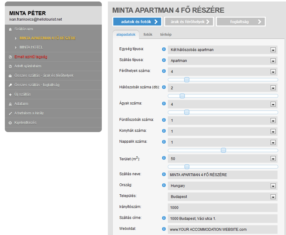 Szállás alapadatainak szerkesztése Férőhelyek száma: itt mindig a konkrét egység férőhelyeinek számát adja meg (pl. kétágyas szoba esetén a férőhelyek száma 2, négyszemélyes apartman esetén pedig 4).