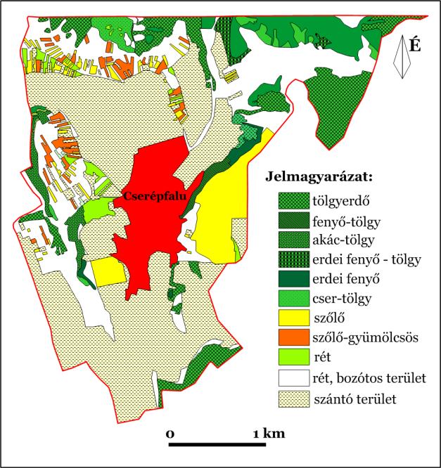 ábra: A Cserépfalui-medence tájhasznosítási térképe (a 1:10 000 topográfiai térkép, 1990 alapján) A beépített területek aránya növekedett, a völgy mentén folyamatosan terjeszkedett a település.