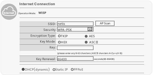 WISP Mód Válassza ki a megfelelő internet hálózatot és csatlakozási formát. Az internet hálózat kiválasztásához kattintson az AP Scan gombra, majd kattintson a Connect -re.