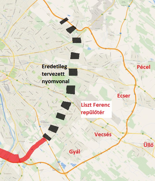 M0 Keleti szektor Eredeti tervek szerint a Keleti szektor nyomvonala a Liszt Ferenc repülőtér Budapest felőli oldalán vezethetett volna, de a területbiztosítás hiánya miatt a tervezett gyűrű egyes
