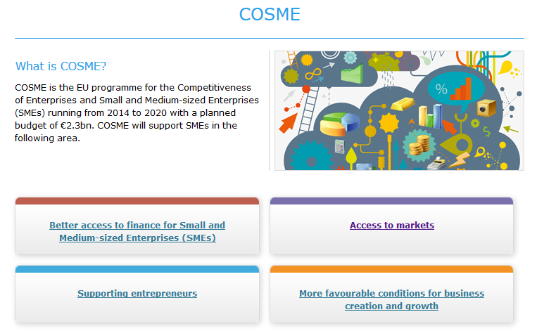COSME Competitiveness of Enterprises ans Small and Medium-sized Enterprises A COSME Programról 2014-2020 között 2,3 milliárd költségvetés KKV-k támogatása 4 területen: o Finanszírozási