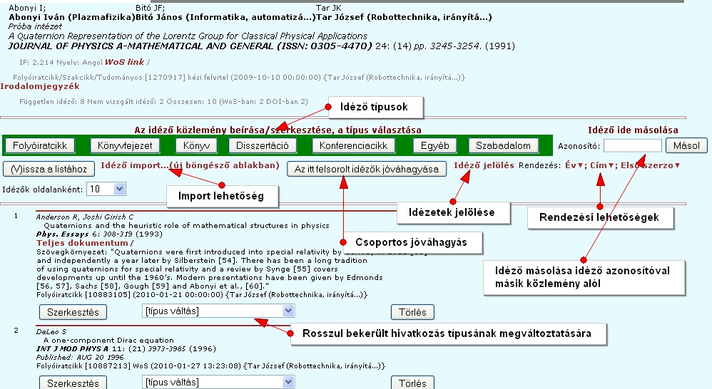 7.2_1 ábra A megjelenő oldalon felül látható, hogy melyik publikációhoz kerülnek beírásra a hivatkozások (7.2_2 ábra).