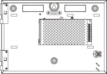 2. fejezet: Telepítés 4. ábra: A kis ház és a panel elrendezése (kéthurkos központ) 1. Hurok- és tűzjelző rendszer csatlakozói 2. Vízszintező 3. Földvezeték 4. Ethernet csatlakozó 5.