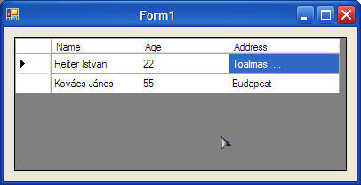 311 dr["name"] = "Reiter Istvan"; dr["age"] = 22; dr["address"] = "Toalmas,..."; table.rows.add(dr); DataRow dr2 = table.