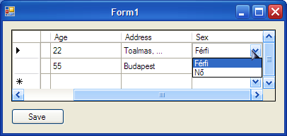 318 DataGridViewComboBoxColumn cbt = new DataGridViewComboBoxColumn(); cbt.datapropertyname = "Sex"; cbt.displayindex = 3; cbt.name = "Sex"; cbt.datasource = sexlist; Gyakorlatilag készen vagyunk, semmi mást nem kell módosítanunk.