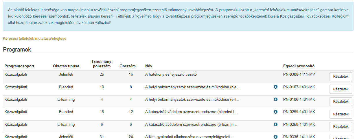 Továbbképzési programkínálat (programlista) - Általános tájékoztató (kék szövegdoboz), - Lapozható