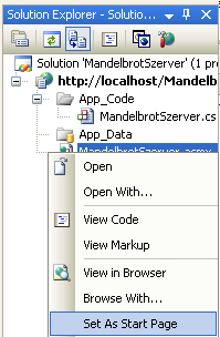 Solution Explorerben nevezzük át a Service.asmx állományt MandelbrotSzerver.asmx-re, majd nyissuk meg kódnézetben. Solution Explorerben nyissuk meg a App_Code mappát. A benne található Service.