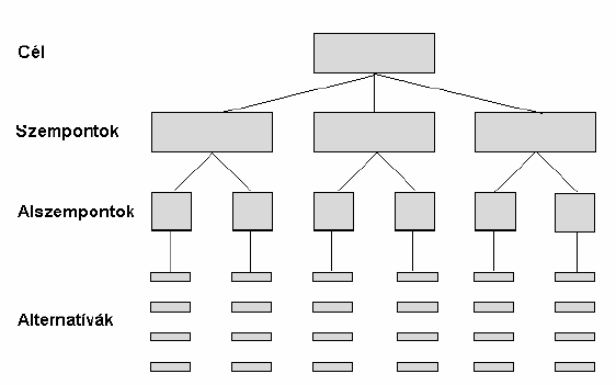 feladatok megoldásának első lépése a döntési feladat felépítése, ami a cél megfogalmazásából, az alternatívák kiválasztásából és a szempontok meghatározásából áll.