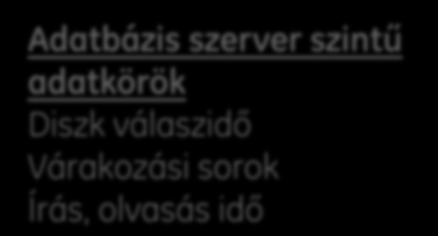 Vizsgált adatkörök Operációs rendszer szintű adatkörök Processzor leterheltség Memória leterheltség Adatbázis szerver szintű adatkörök Diszk válaszidő Várakozási sorok Írás, olvasás idő Tranzakció