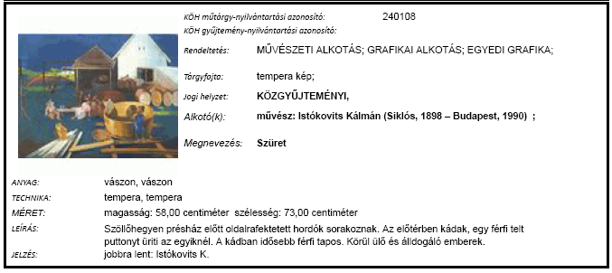 A 2001 októberében miskolci magántulajdonból ellopott Döbröczöni Kálmán (Kórós, 1899 - Miskolc, 1966): Szentendrei utca, 1964 [KÖH műtárgy-nyilvántartási azonosító: 241170] című festményt a