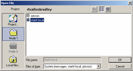 Majd ezután File->Open Click-eljünk a "Node 1" -re a listában Váltsuk át a file típust "System"-re Most láthatjuk a startrf.local file-t, nyissuk meg.