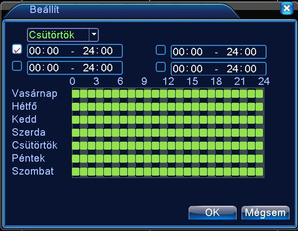 Minden nap 4 időszakaszra bomlik: azt jelenti, hogy a beállítás érvényes [intervallum] Csak egy riasztójel van bekapcsolva akkor is, ha több mozgásérzékelőjel van a beállított intervallumban.
