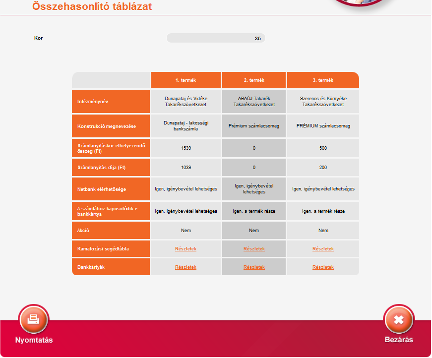 Összehasonlító táblázat A profilnak, illetve a megjelölt feltételeknek megfelelő termékeket az összehasonlító táblázat tartalmazza.