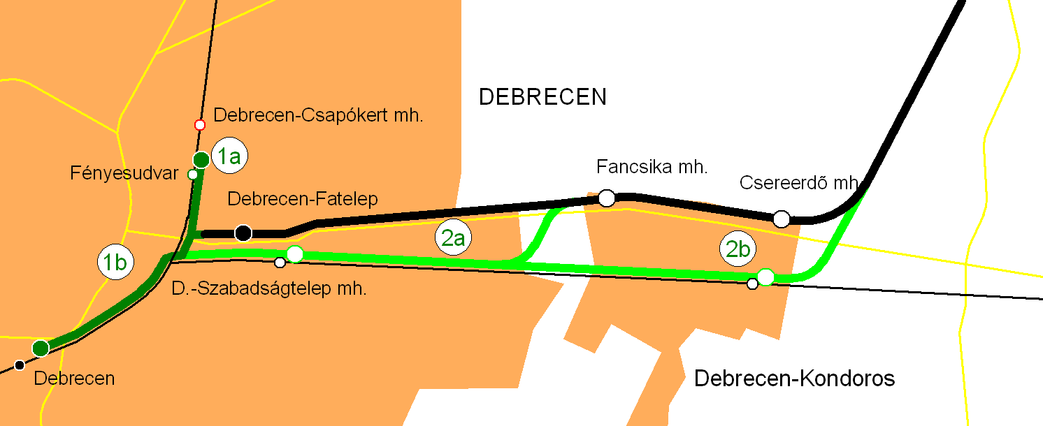 14. ábra A Debrecen városon belüli fejlesztési lehetőségek Vasúti kapcsolat Debrecenben: Nagyállomás Komoly technikai feltételekkel valósítható meg, de jelentős forgalmi előnyöket jelenthet a