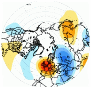 4.5. ábra: az 500 hpa-os légnyomási szint geopotenciál-mezőjének anomáliája és az EA/WR-index közötti korreláció, a pozitív fázis esetén (piros szín: pozitív, kék szín: negatív korrelációs