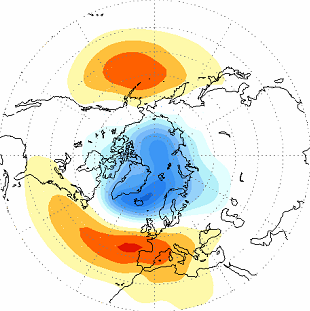 4.9. ábra: az 1000 hpa-os légnyomási szint geopotenciál-mezőjének anomáliája és az AO-index közötti korreláció, a pozitív fázis esetén (piros szín: pozitív, kék szín: negatív korrelációs együtthatók)