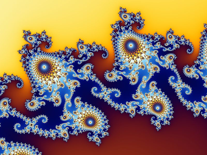 Az önhasonlóság azt jelenti, hogy egy kisebb rész felnagyítva ugyanolyan struktúrát mutat, mint egy A Mandelbrot halmaz részlete. Wolfgang Beyer készítette az Ultra Fractal 3 programmal. nagyobb rész.