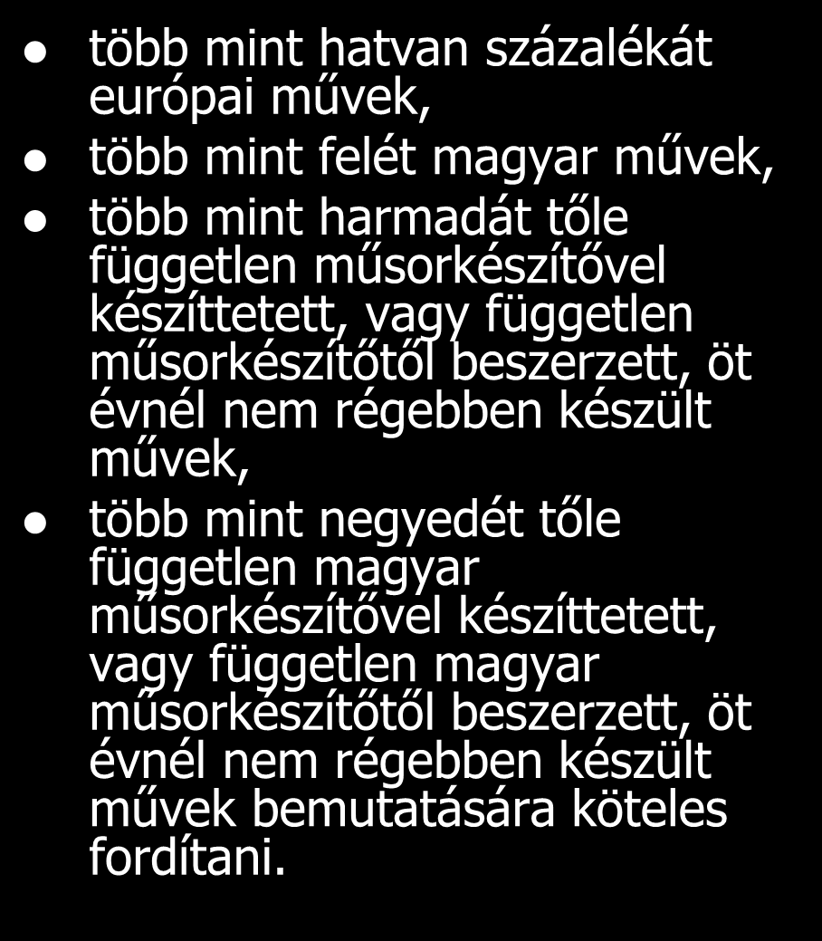 Műsor összetétel Médiaszolgáltató lineáris audiovizuális médiaszolgáltatása évi teljes műsoridejének több mint felét európai művek, több mint harmadát magyar művek bemutatására köteles fordítani,