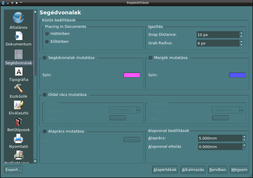 A Dokumentumok panel. Az új dokumentum készítésekor ezen beállítások alapján fog létrejönni a dokumentum.