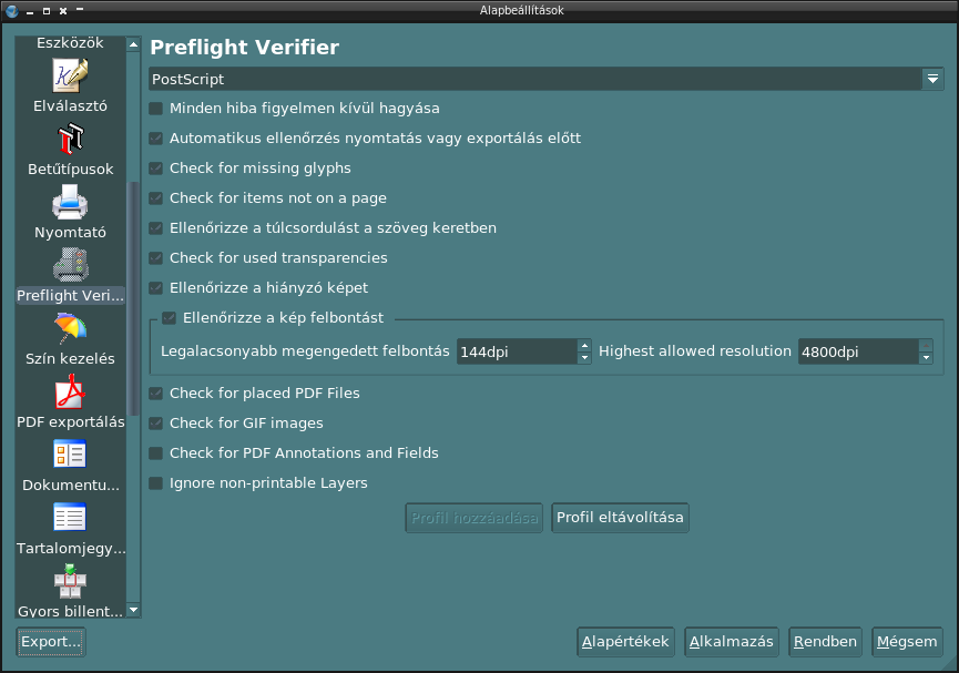 A Nyomtató panel. A nyomtatási alapbeállítások. Majd a dokumentum nyomtatásánál újra előjön egy ablak, ahol módosíthatjuk ezeket. A Preflight Verifier panel.