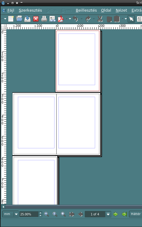 Az Új dokumentum panel. Egyoldalas, kétoldalas (füzet, könyv) három- vagy négyoldalas brossúra lapelrendezés kérhető.