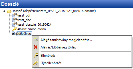 3.1.8.4. Időbélyegző helyi menüje A bal oldali panel Dosszié ablakának faszerkezetében a Dosszié alatt bármely időbélyegre ( ) jobb gombbal kattintva megjelenik az időbélyegzőhöz tartozó helyi menü.
