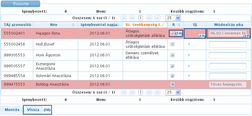 A helyesbített tétel sorában megfigyelhető, hogy az Új oszlopból eltűnt a ikon (13); a R oszlopban megjelent az önellenőrzéssel felvitt érték (14); a Módosítás oka mező (15) halványan, nem írható