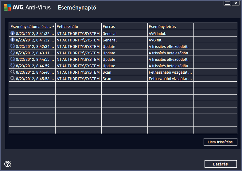 12.5. Eseménynapló Az Eseménynapló párbeszédpanel a Beállítások / Előzmények / Eseménynapló menüelemen keresztül érhető el az AVG Anti-Virus 2013 főablakának felső navigációs sávjáról.