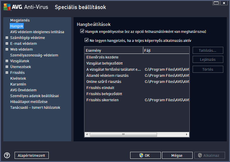 9.2. Hangok A Hangok párbeszédpanelen beállíthatja, hogy szeretne-e hangokat hozzárendelni bizonyos AVG Anti-Virus 2013 műveletekhez: A beállítások csak az aktuális felhasználói fiókra vonatkoznak,