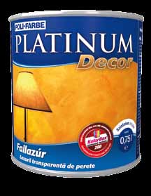 Platinum Decor Metáleffekt festék Platinum Decor Bársonyhatású festék Platinum Decor Fallazúr Vizes bázisú, teljes fedőképességű, fémhatású, illetve gyöngyházfényű beltéri dekorációs festék, fal- és