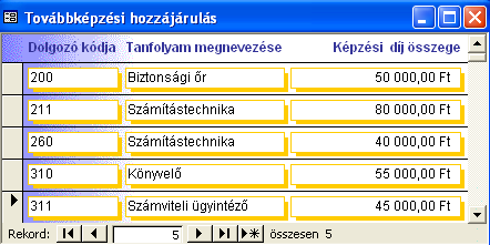 A megjelenı ablak beviteli mezıjébe írjuk be az őrlap nevét, majd kattintsunk az OK gombra! 16. Készítsen táblázatos őrlapot a TOVÁBBKÉPZÉSI HOZZÁJÁRULÁS táblához!