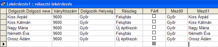 Készítsünk választó lekérdezést! A tervezırács elsı sorába a mezılistából válasszuk ki a DOLGOZÓK.*-ot, amely ADATLAP NÉZET-ben minden mezıt megjelenít. Megjegyzés: A DOLGOZÓK.