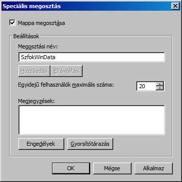 Adatkönyvtárak megosztása A szerver gépen az Intéző (Windows Explorer) program segítségével keressük meg az SzfokWin program adatkönyvtárát.