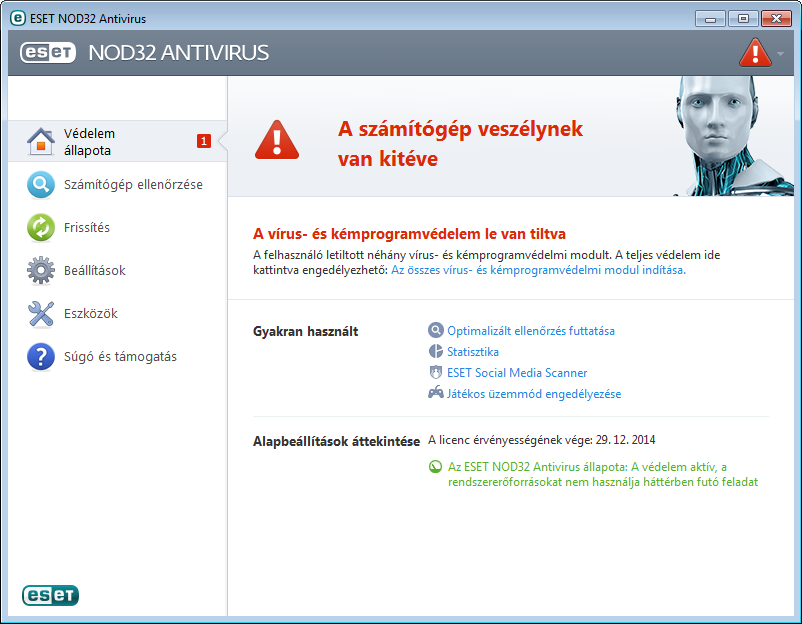 Teendők, ha a program nem működik megfelelően Ha az engedélyezett modulok megfelelően működnek, a védelmi állapot ikonja zöld lesz.