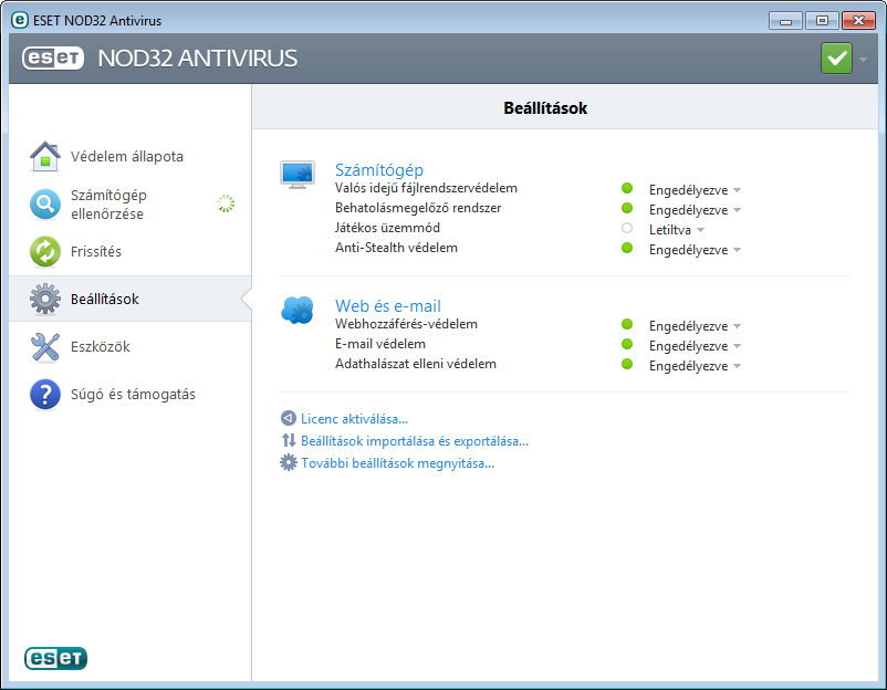 4. Az ESET NOD32 Antivirus használata Az ESET NOD32 Antivirus beállításai lehetővé teszik a számítógép.