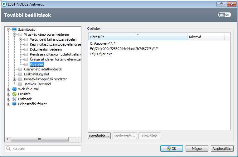 Megjegyzés: Ha egy fájl megfelel az ellenőrzésből való kizárás feltételeinek, az abban talált kártevőket nem észleli a Valós idejű fájlrendszervédelem vagy a Számítógép ellenőrzése modul.