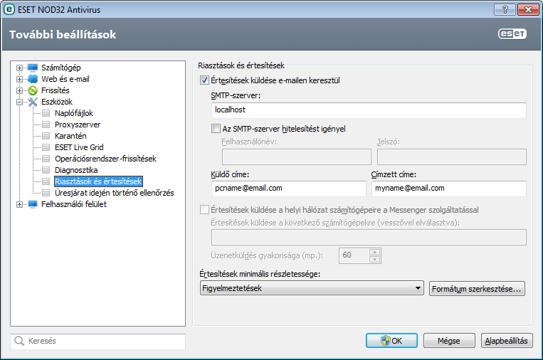 4.4.10 Riasztások és értesítések Az ESET NOD32 Antivirus támogatja e-mailek küldését a kiválasztott részletességi szintű esemény előfordulása esetén.