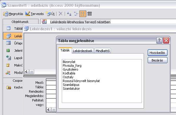 12 ACCESS GYAKORLATOK 1.12. ábra: Lekérdezéstervezéshez táblák kiválasztása Accessben 1.13. ábra: A Szamlatukor felépítése Az itt következı elsı feladatban a Szamlatukor táblát használjuk forrásként.