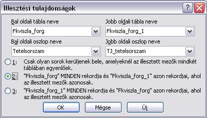 1.25. ábra: A 3. feladat megoldása ACCESS GYAKORLATOK 19 Az 1.25. ábrán a kapcsolat az Fkviszla_forg tábla szerepeit képviselı dobozok egyikéhez a Tetelsorszamnál, a másikához a TJ_tetelsorszámnál