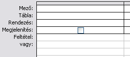 ACCESS GYAKORLATOK 31 2.14. ábra: Lekérdezésdefiniáló felület a 3.1. feladathoz 3.
