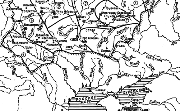 VII. melléklet A déli rusz fejedelemségek a 12. század végén (E-SPI) Jelmagyarázat: 1. Halicsi 5.