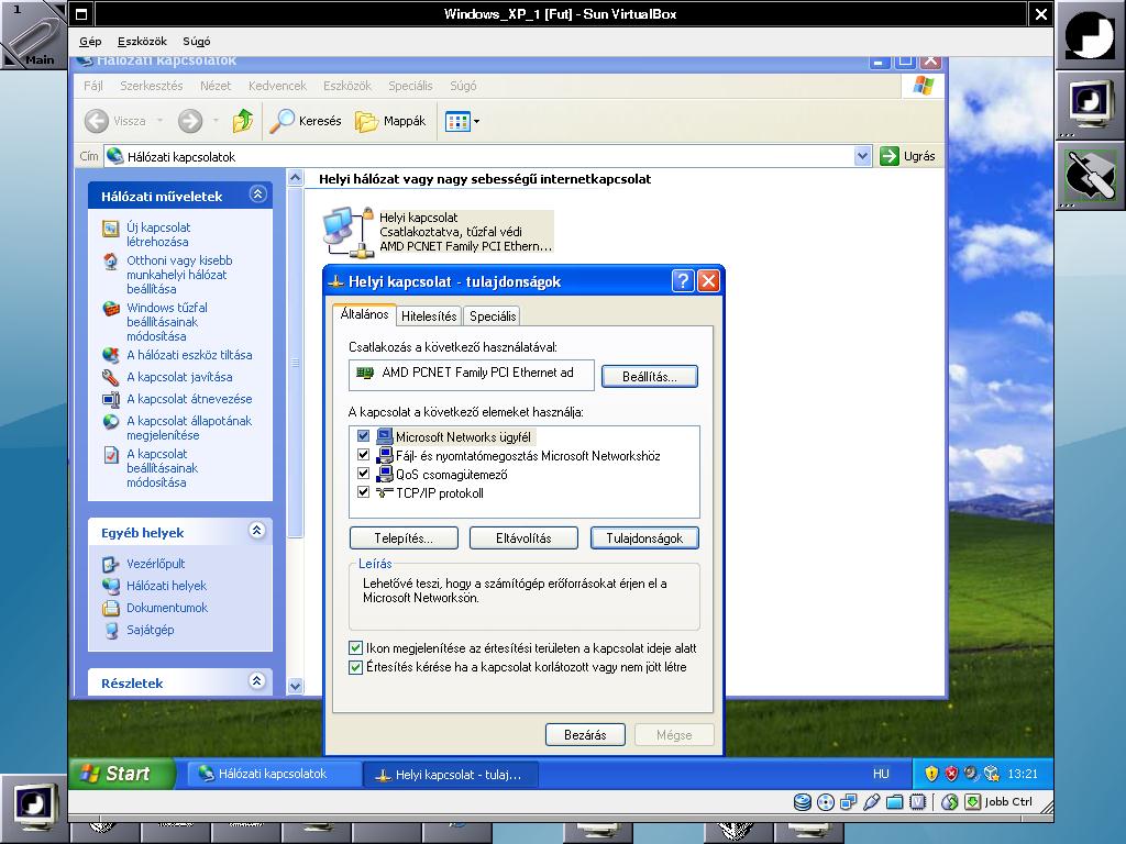 A Windows-ban is be kell állítani a hálózat belső csatolóját, hogy a két virtuális gép hálózatban tudjon kommunikálni egymással.