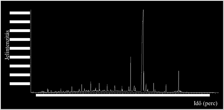 Jelintenzitás 18. ábra. A MEPS módszerrel előkészített gázolajminta n-hexános frakciójának totál ion kromatogramja.