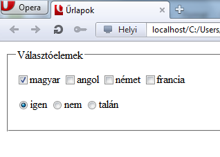 <fieldset> <legend>választóelemek</legend> <p> <label><input type="checkbox" name="jelolonegyzet" value="magyar" checked>magyar </label> <label><input type="checkbox" name="jelolonegyzet"