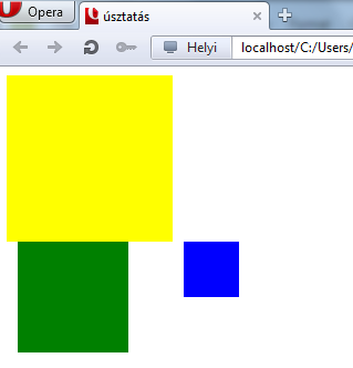 #ketto { background-color:green; width:100px; height:100px; float:right; margin-top:50px; } Az úsztatás következtében a zöld négyzet a befoglaló elem ( body ) jobb széléhez igazodott, ugyanakkor