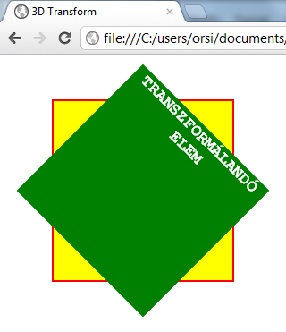 Az z-tengely mentén történő forgatás kódolása és megjelenítése megegyezik a síkbeli transzformációknál kódolt rotate(deg) elforgatással: div { height:200px; width:200px; } #befoglalo { border:2px